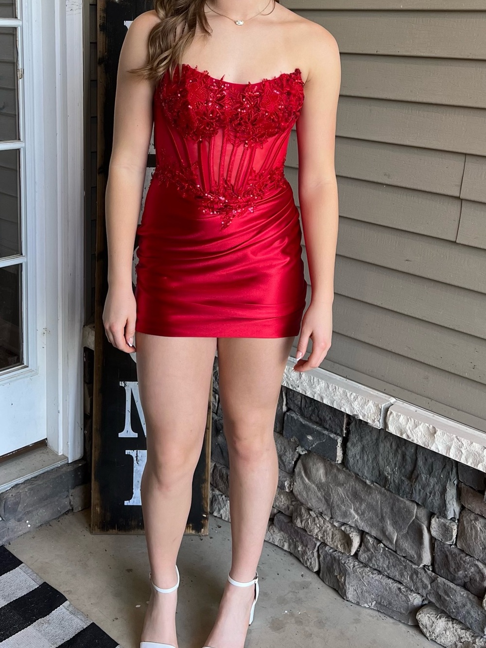 Strapless Red Embellished Mini Dress; Amelia couture homecoming dress